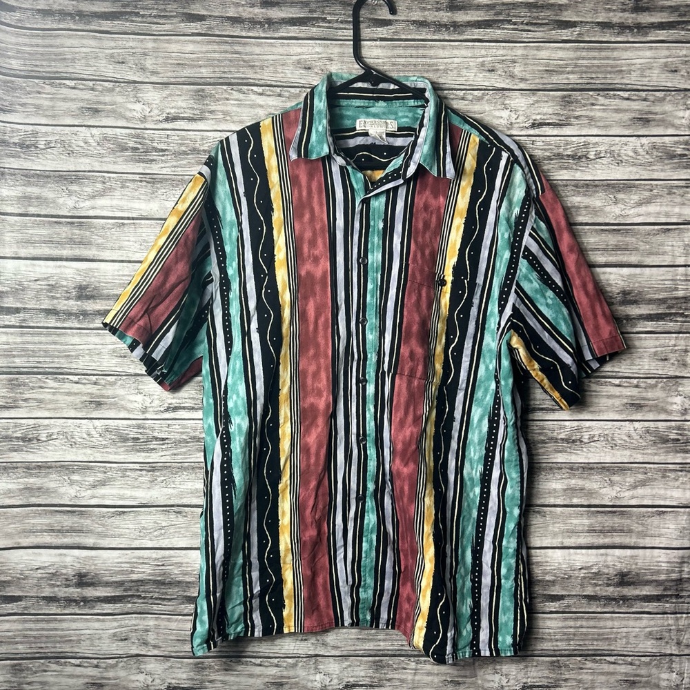 Vintage Colored Striped Expressions Worldwide Cotton Button Up Shirt - Large